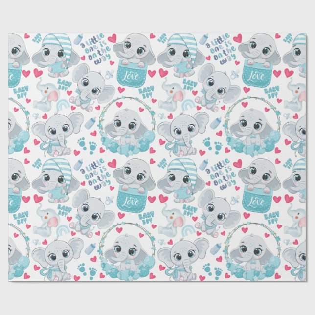 Baby Boy Elephant Cute Blue Baby Shower Baptism  Wrapping Paper (Flat)