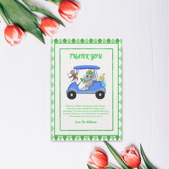 Baby Boy Elephant & Monkey Golf Baby Shower Thank You Card (Creator Uploaded)