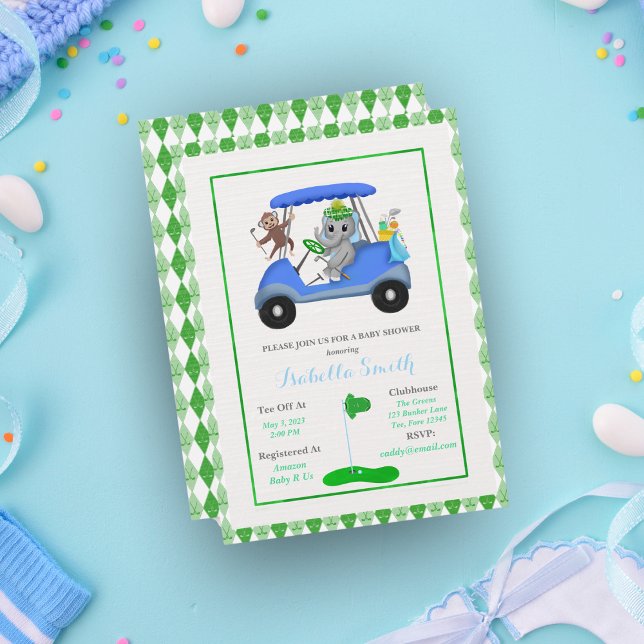 Baby Boy Elephant & Monkey Shower Invitation (Swing a hole in one with this adorable golf themed baby shower invitation!)