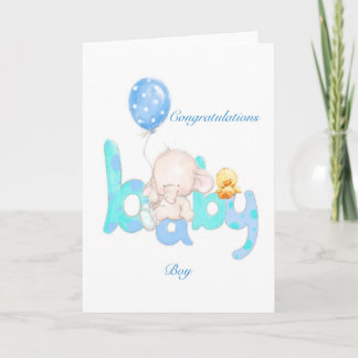 Baby boy elephant with ballon, congratulation card