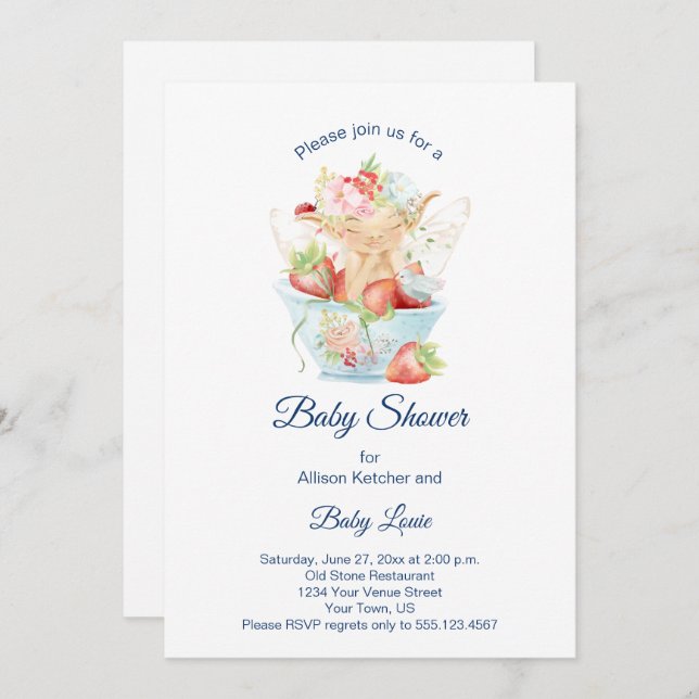 Baby Boy Fairy in Blue Teacup Baby Shower Invitation (Front/Back)