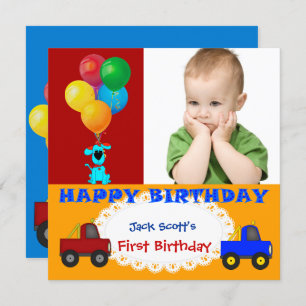 Baby Boy First Birthday 1st Colourful Puppy Trucks Invitation