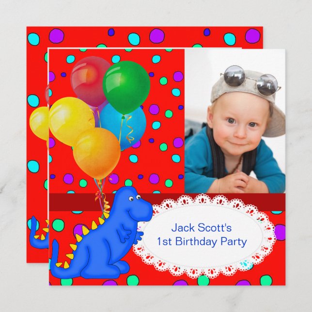 Baby Boy First Birthday 1st Dinosaur Invitation (Front/Back)