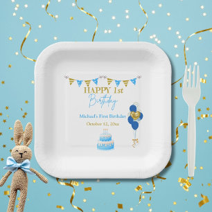 Baby Boy First Birthday Blue Gold Balloons Cake Paper Plate