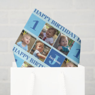 Baby Boy First Birthday Cute Blue Photo Collage Tissue Paper