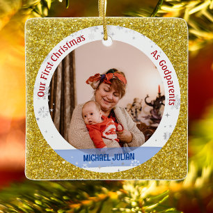 Baby Boy First Christmas As Godparents 2 Photos Ceramic Ornament
