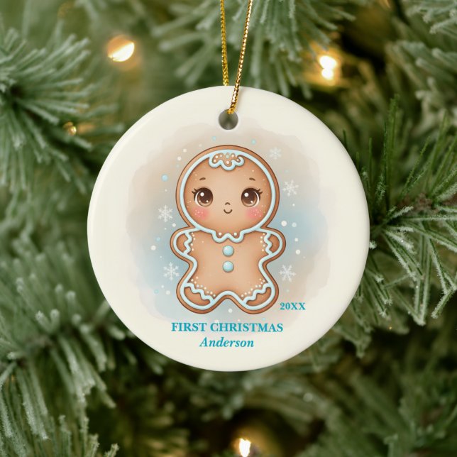 Baby Boy First Christmas Blue Gingerbread Photo Ceramic Ornament (Tree)