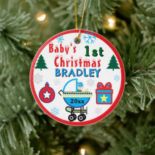 Baby Boy First Christmas Blue Hat NAME Ceramic Ornament