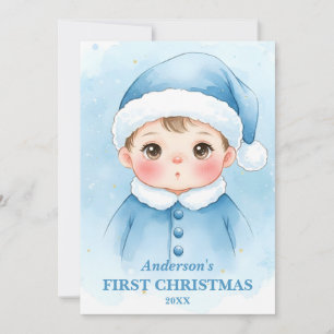 Baby Boy First Christmas Blue Santa Photo Card