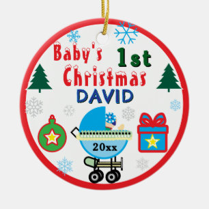 Baby Boy First Christmas Blue White Carriage NAME Ceramic Ornament