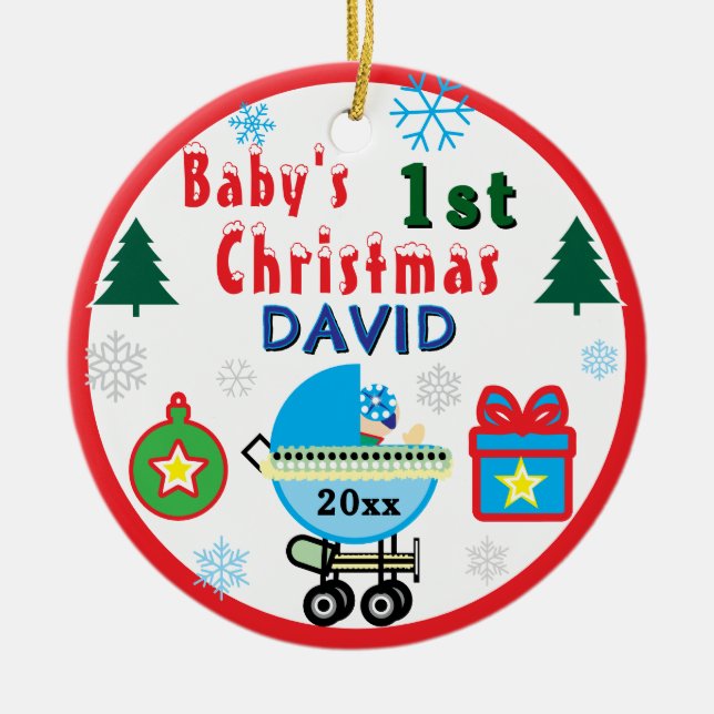 Baby Boy First Christmas Blue White Carriage NAME Ceramic Ornament (Front)