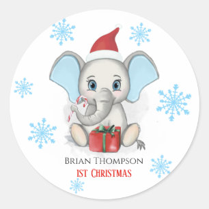 Baby Boy First Christmas Cute Elephant Holidays Classic Round Sticker