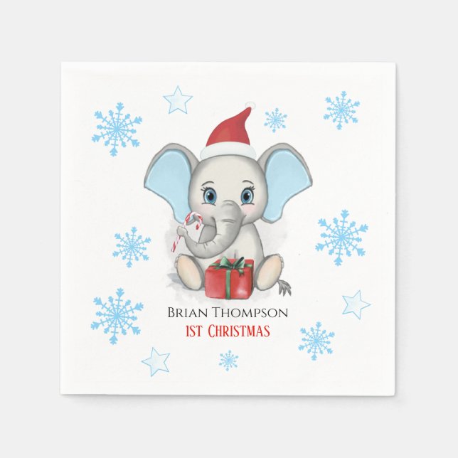 Baby Boy First Christmas Cute Elephant Holidays Napkin (Front)