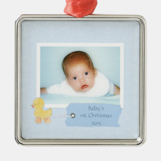 Baby Boy First Christmas Duckling Custom Photo Metal Ornament