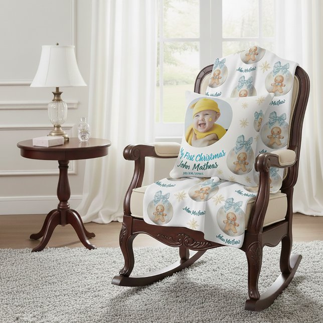 Baby  boy First Christmas Gingerbread Photo & Name Cushion (Creator Uploaded)