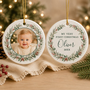 Baby Boy First Christmas Personalised Photo Ceramic Ornament