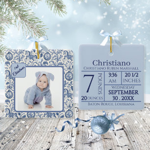 Baby Boy First Christmas Photo Blue Toile Ceramic Ornament