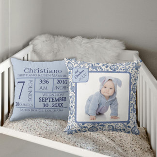 Baby Boy First Christmas Photo Blue Toile Cushion