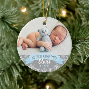 Baby Boy First Christmas   Photo Holiday Ceramic Ornament