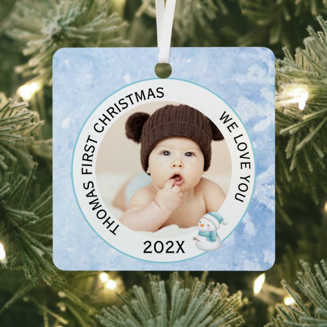 Baby Boy First Christmas Photo Icy Blue  Metal Tree Decoration (Insitu)