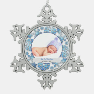 Baby Boy First Christmas Photo Snowflake Pewter Christmas Ornament