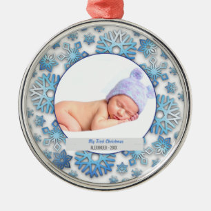 Baby Boy First Christmas Photo Snowflakes Metal Ornament