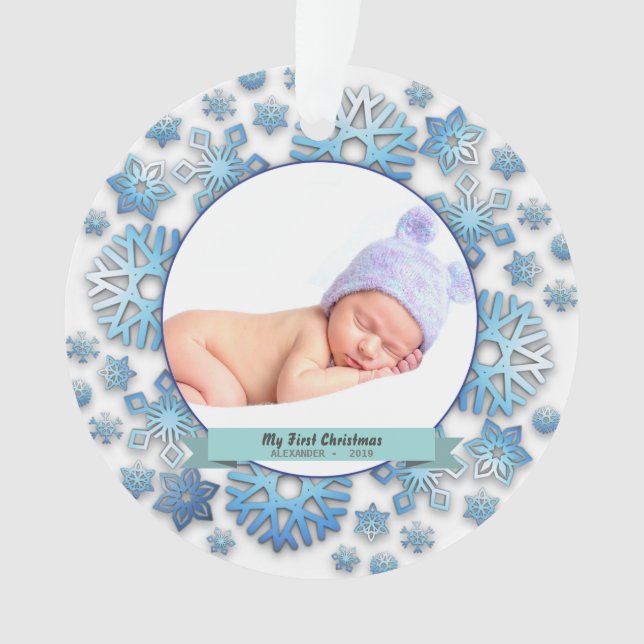 Baby Boy First Christmas Photo Snowflakes Ornament (Front)