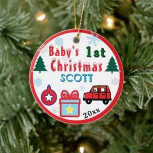 Baby Boy First Christmas Red Car NAME Ceramic Ornament