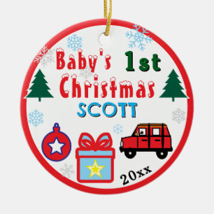 Baby Boy First Christmas Red Car NAME Ceramic Ornament