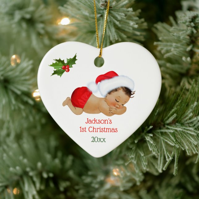 Baby Boy First Christmas Red Santa Hat Ceramic Orn Ornament (Tree)