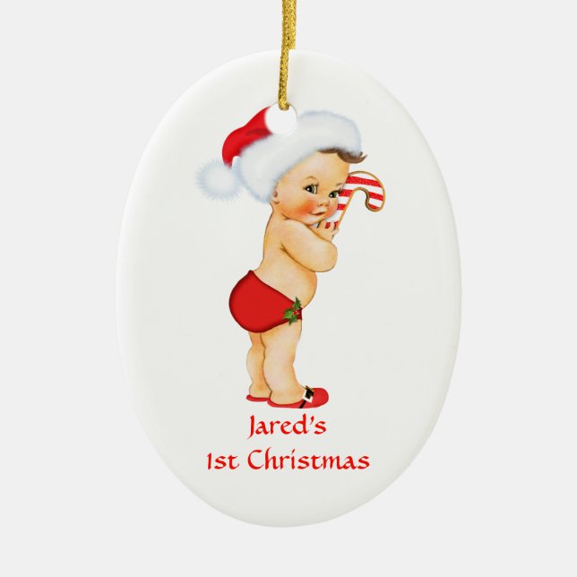 Baby Boy First Christmas Red Santa Hat Ceramic Ornament (Front)