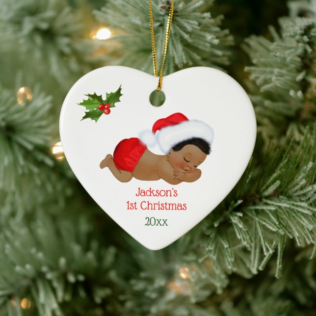 Baby Boy First Christmas Red Santa Hat Ceramic Ornament (Tree)