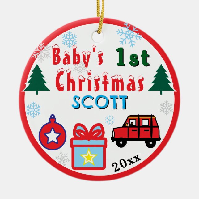 Baby Boy First Christmas Red Toy Car NAME Ceramic Ornament (Front)