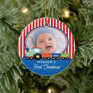 Baby Boy First Christmas Train Photo Ceramic Ornament