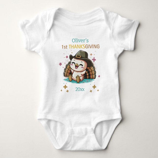 Baby Boy First Thanksgiving Custom Name Year  Baby Bodysuit (Front)