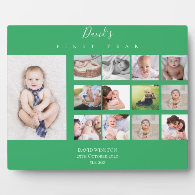 Baby Boy First Year Photo Collage 12 months Green Plaque (Front)