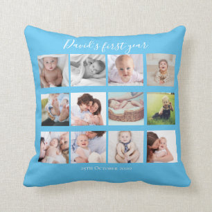 Baby Boy First Year Photo Collage Gift Blue Cushion