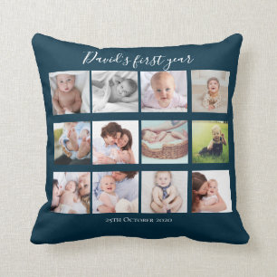 Baby Boy First Year Photo Collage Gift Navy Blue Cushion
