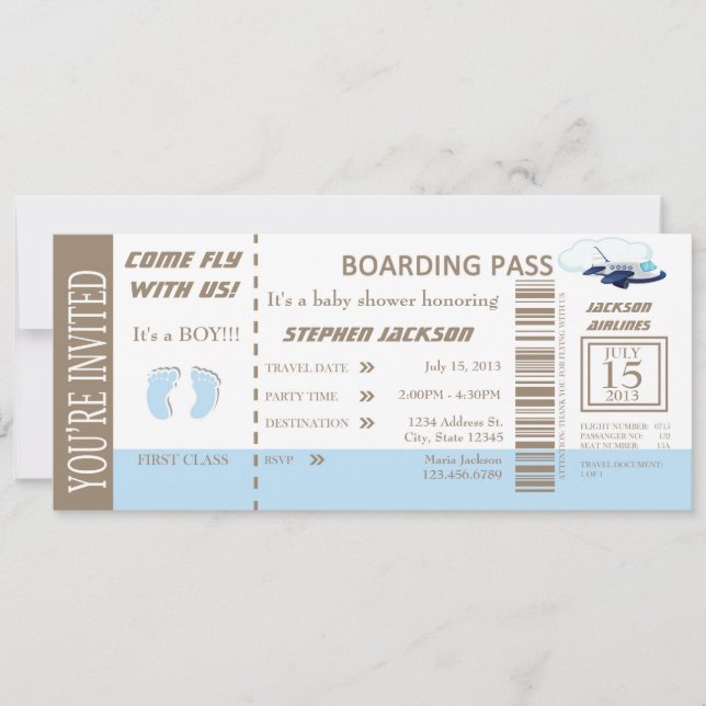 Baby Boy Flight Ticket Invitation Customisable (Front)