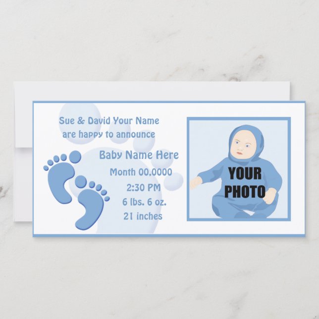 Baby Boy Footprint Feet Birth Photo Announcement (Front)