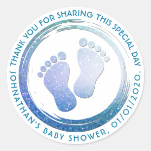 Baby Boy Footprint Glittering  Baby Shower Favour Classic Round Sticker