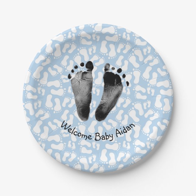 Baby Boy Footprint on Blue Paper Plate (Front)