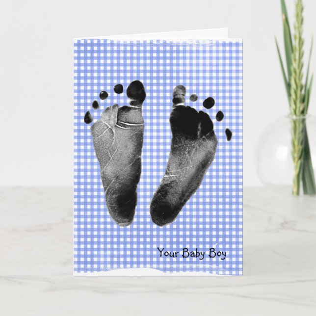 Baby Boy Footprints on Gingham Card (Front)