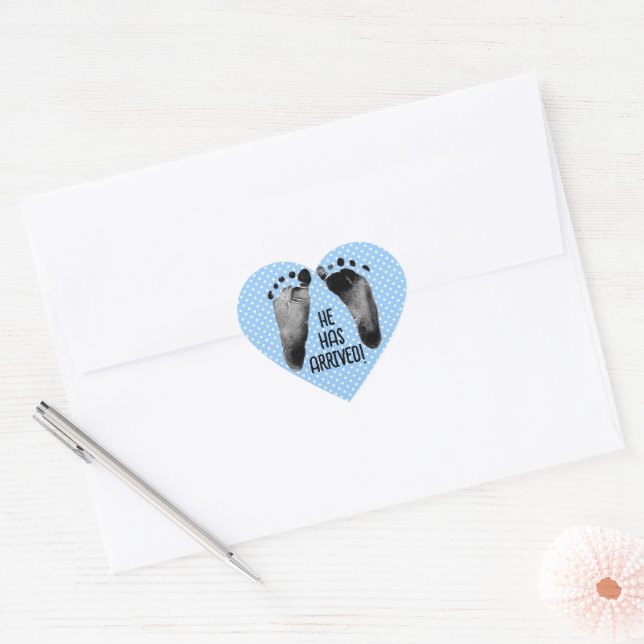 Baby Boy Footprints On Polka Dots Heart Sticker (Envelope)