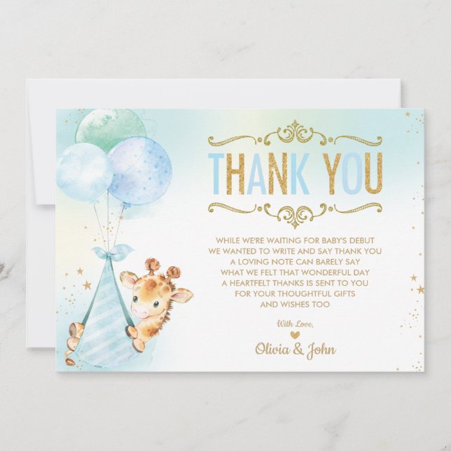 Baby Boy Giraffe Balloons Baby Shower Sprinkle Thank You Card (Front)