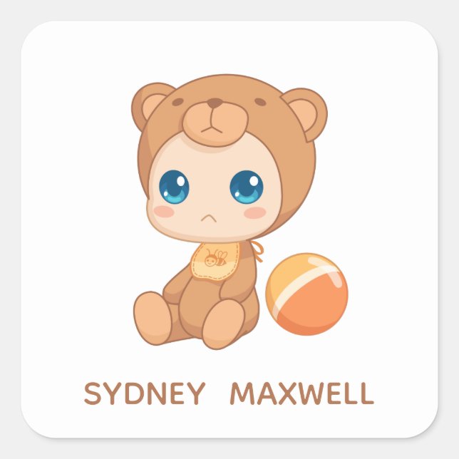 Baby Boy Girl Bear Jumpsuit Custom Name Square Sticker (Front)