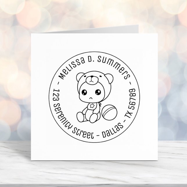 Baby Boy Girl Bear Jumpsuit Round Address Self-inking Stamp (Creator Uploaded)
