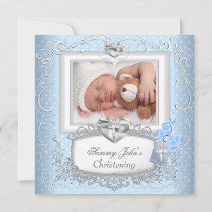 Baby Boy Girl Blue Christening Baptism Cross White Invitation