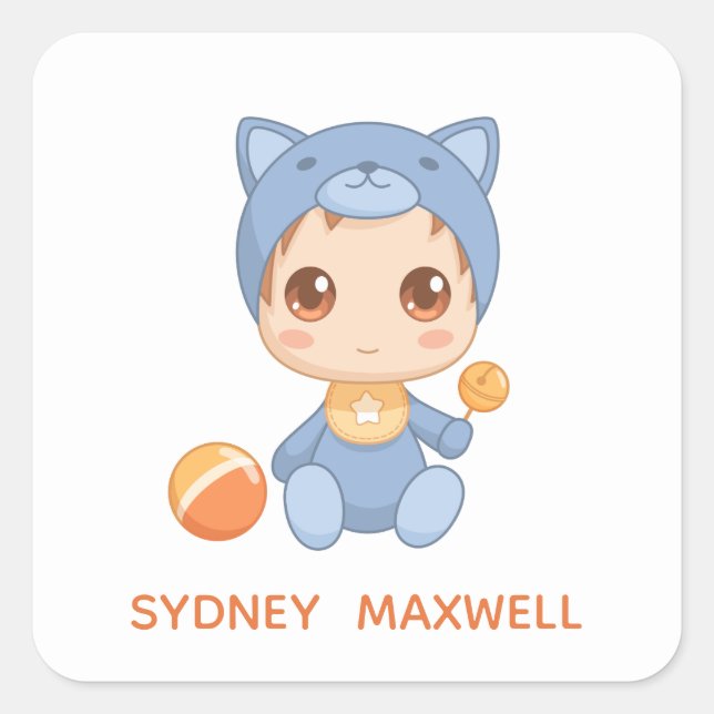 Baby Boy Girl Cat Jumpsuit Custom Name Square Sticker (Front)
