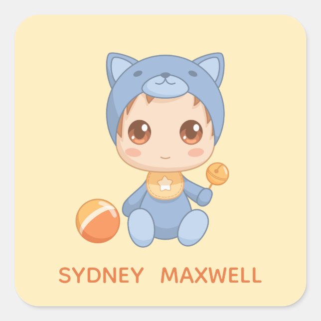 Baby Boy Girl Cat Jumpsuit Custom Name Yellow Square Sticker (Front)